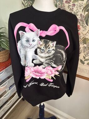 Kitten Graphic Wound Up Black Crewneck Sweatshirt Large